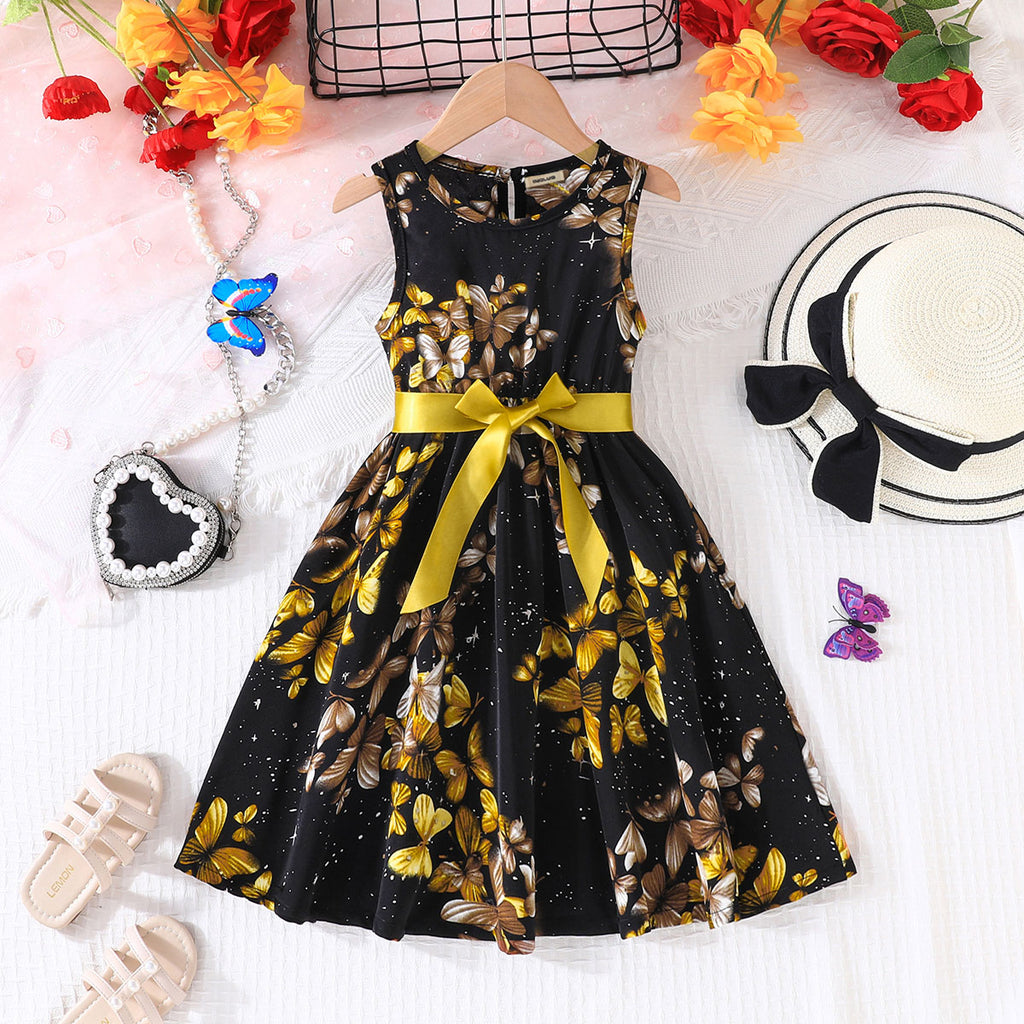Girls Black Butterfly Printed Sleeveless Fit And Flared Dress Casual Dresses