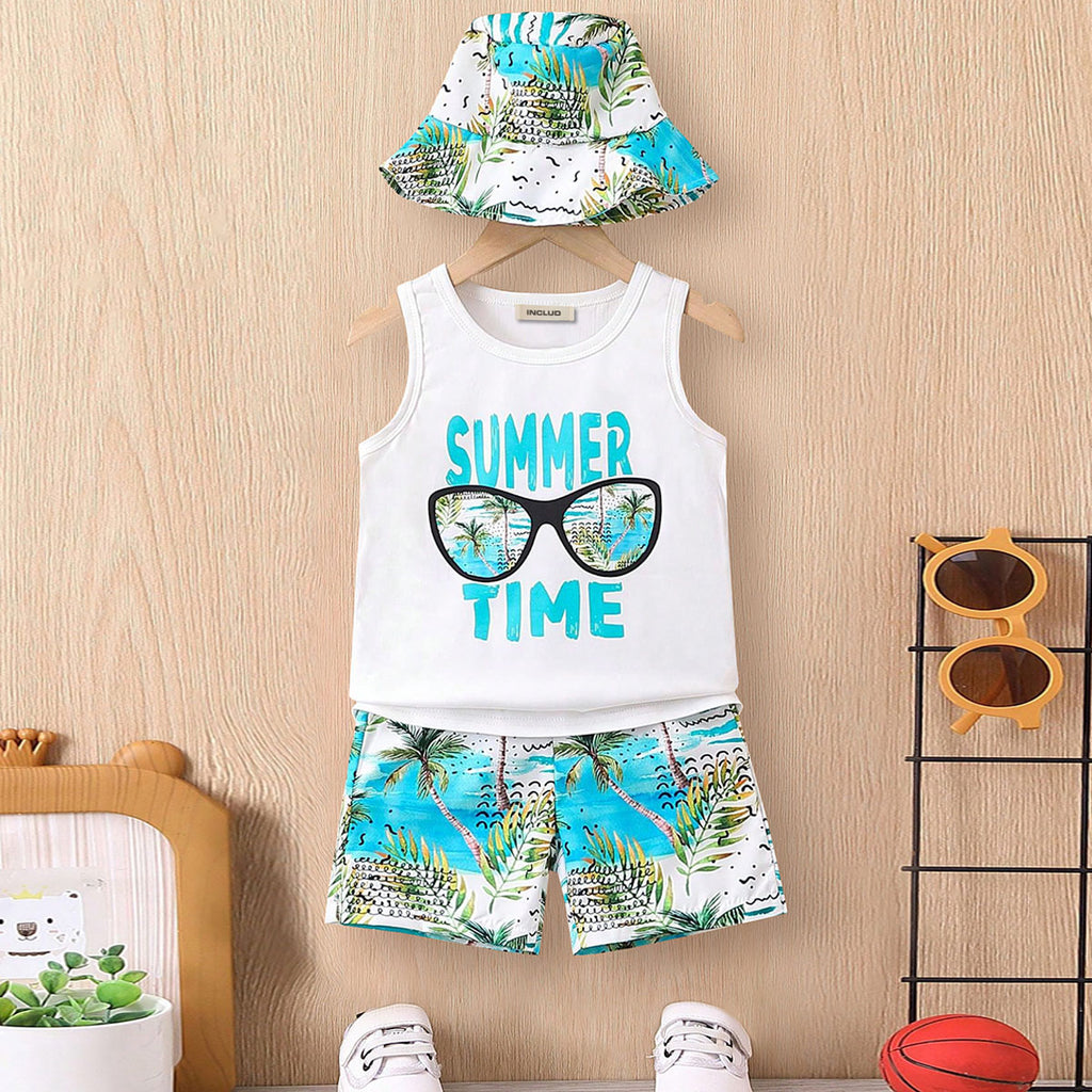 Boys White Vest With Tropical Printed Hat And Shorts Set Sets White 3-4 Y