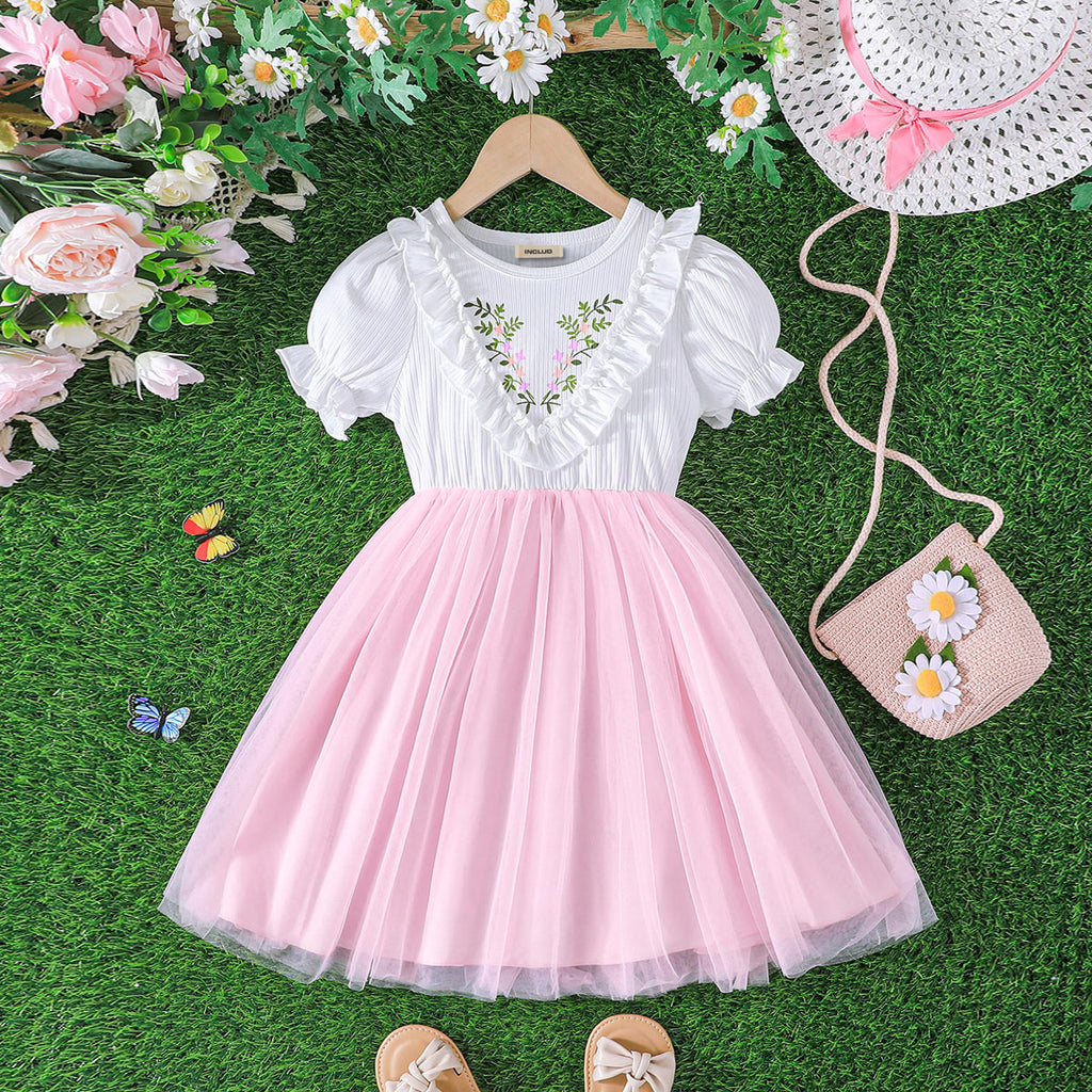 Girls Light Pink Floral Print Puff Sleeves Dress Casual Dresses Light Pink 3-4 Y