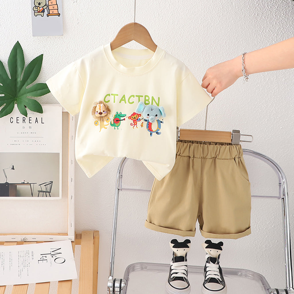 Boys Beige Elephant Printed Short Sleeves T-Shirt With Shorts set 2 pc. Sets Beige 1-2 Y