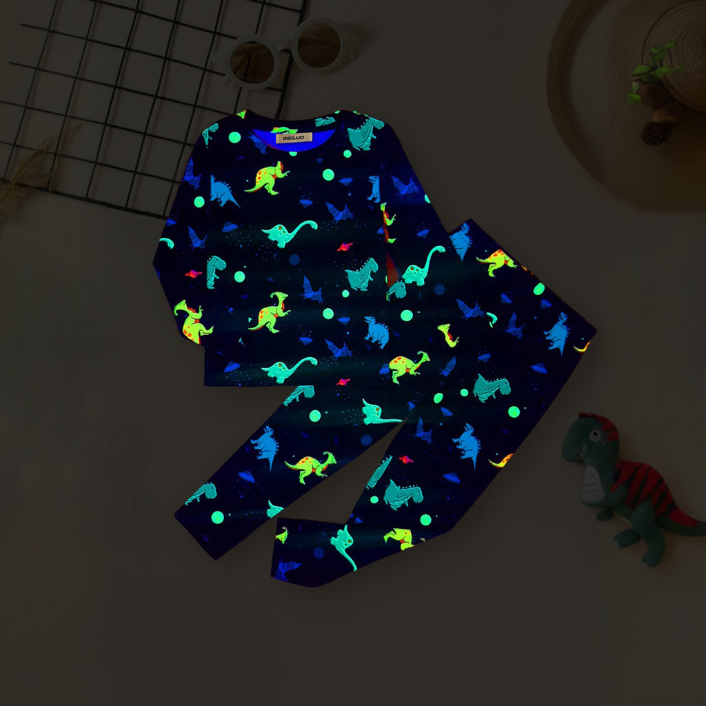 Boys Dark Blue Dinosaur Printed Glow in the Dark T-Shirt With Pajama Co-ord Set 2 pc. Sets Dark Blue 3-4 Y
