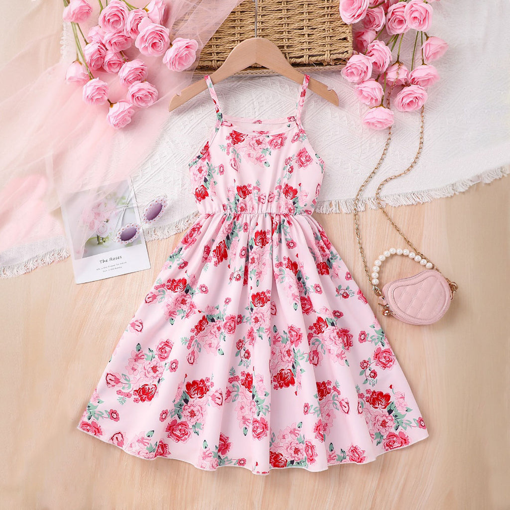 Girls Pink Floral Printed Midi Sundress Casual Dresses