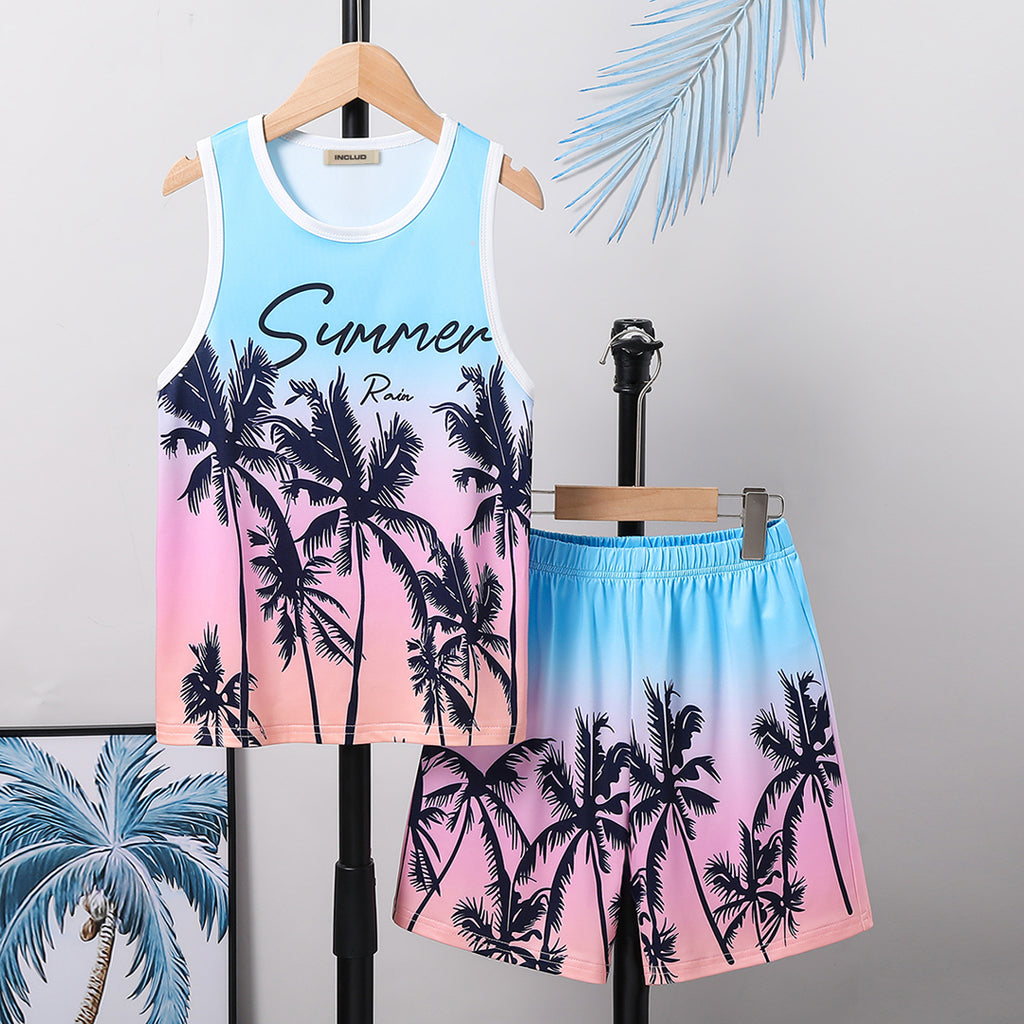 Boys Blue Tropical Print Sleeveless T-Shirt With Shorts Set 2 pc. Sets Blue 5-6 Y