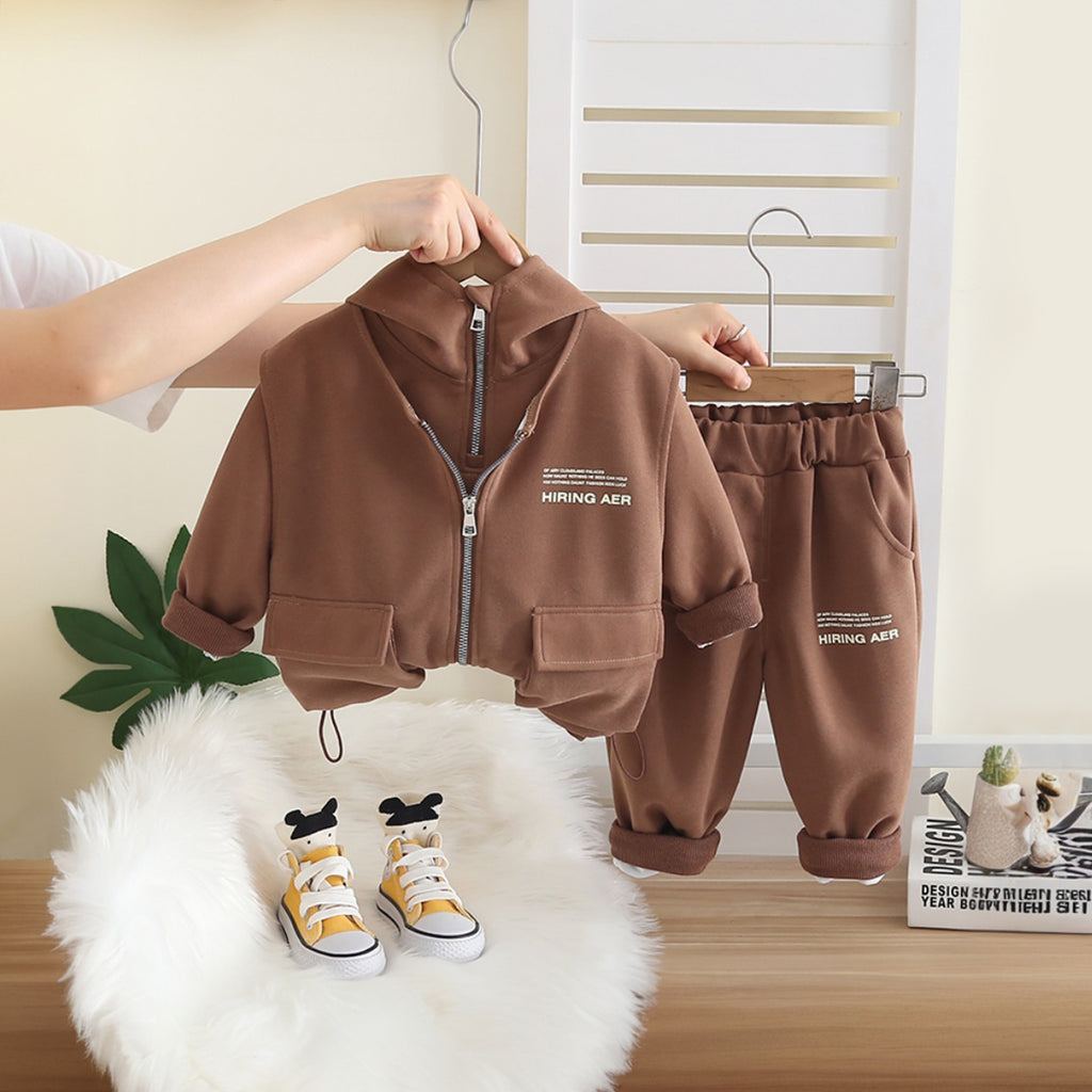 Boys Brown Typographic Printed Hooded Sweatshirt With Sleeveless Jacket and Pants Set 3 pc. Sets Brown 1-2 Y