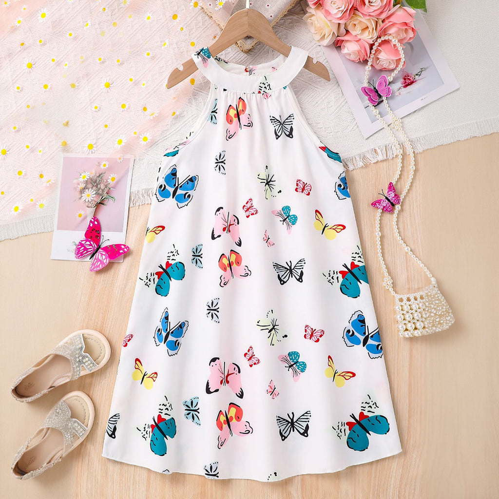Girls Multicolor Butterfly Print Halter Neck A-Line Dress Casual Dresses Multicolor 3-4 Y