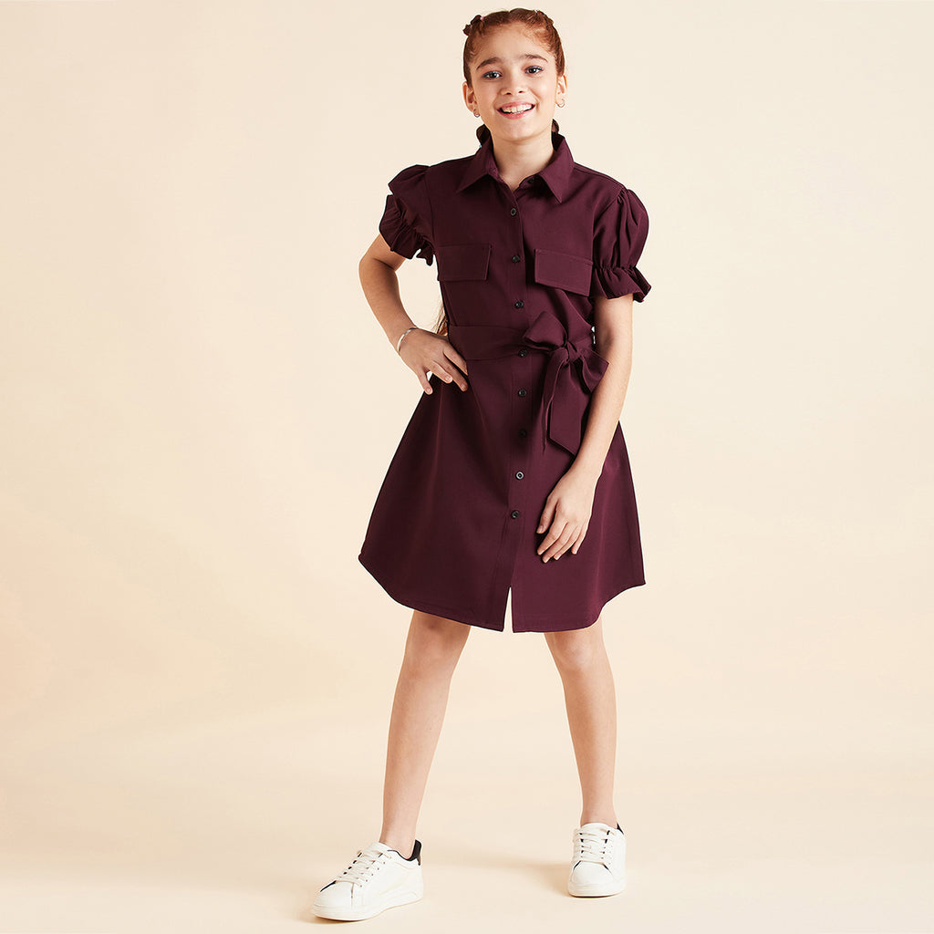 Girls Maroon Solid Puff Sleeves Front Flaps Shirt Dress Casual Dresses Maroon 4-5 Y