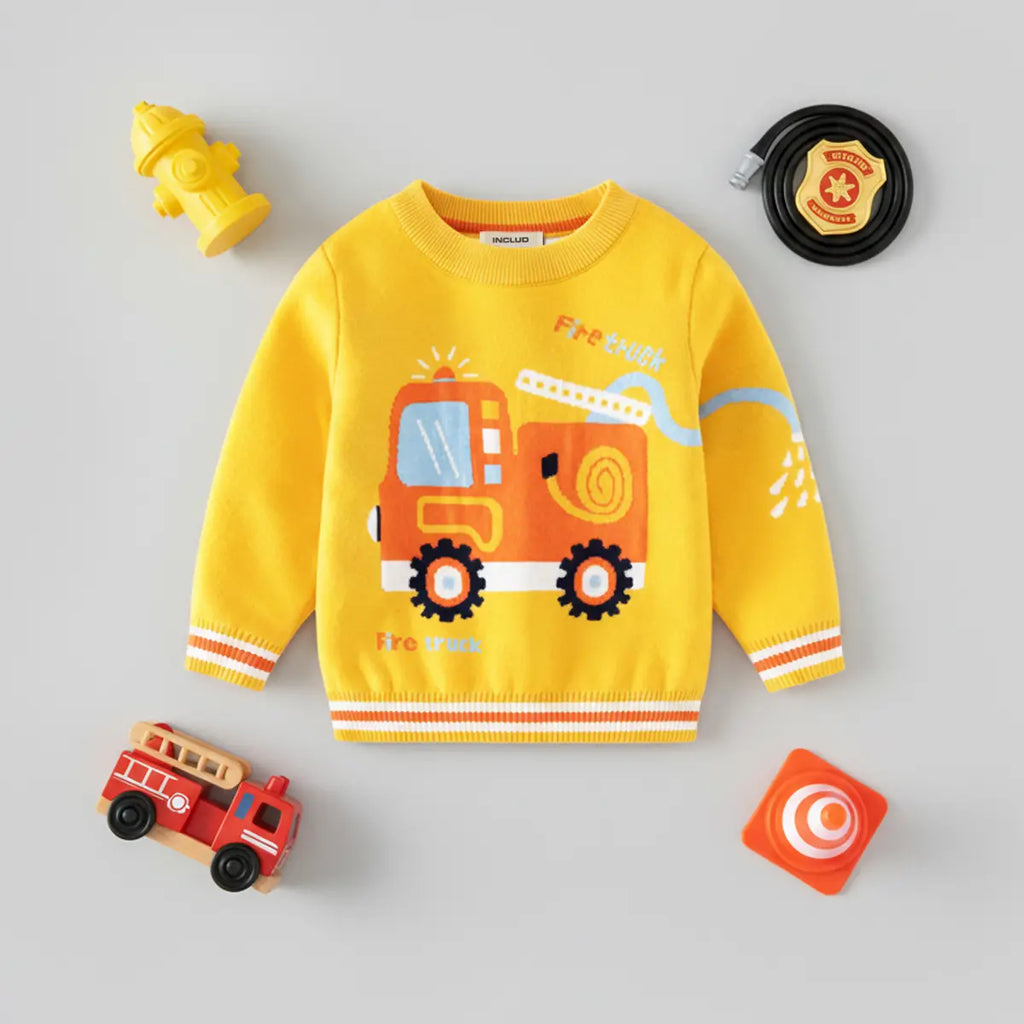 Boys Yellow Sweater With Self-Design Fire Truck Pattern Sweaters & Cardigans Yellow 2-3 Y