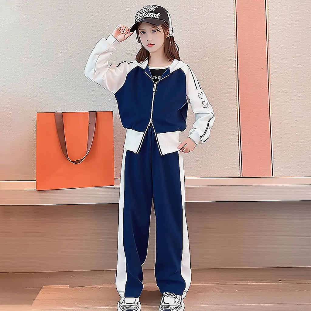 Girls Blue Heart Printed Hooded Zipper Jacket With Pants set Sets Blue 5-6 Y