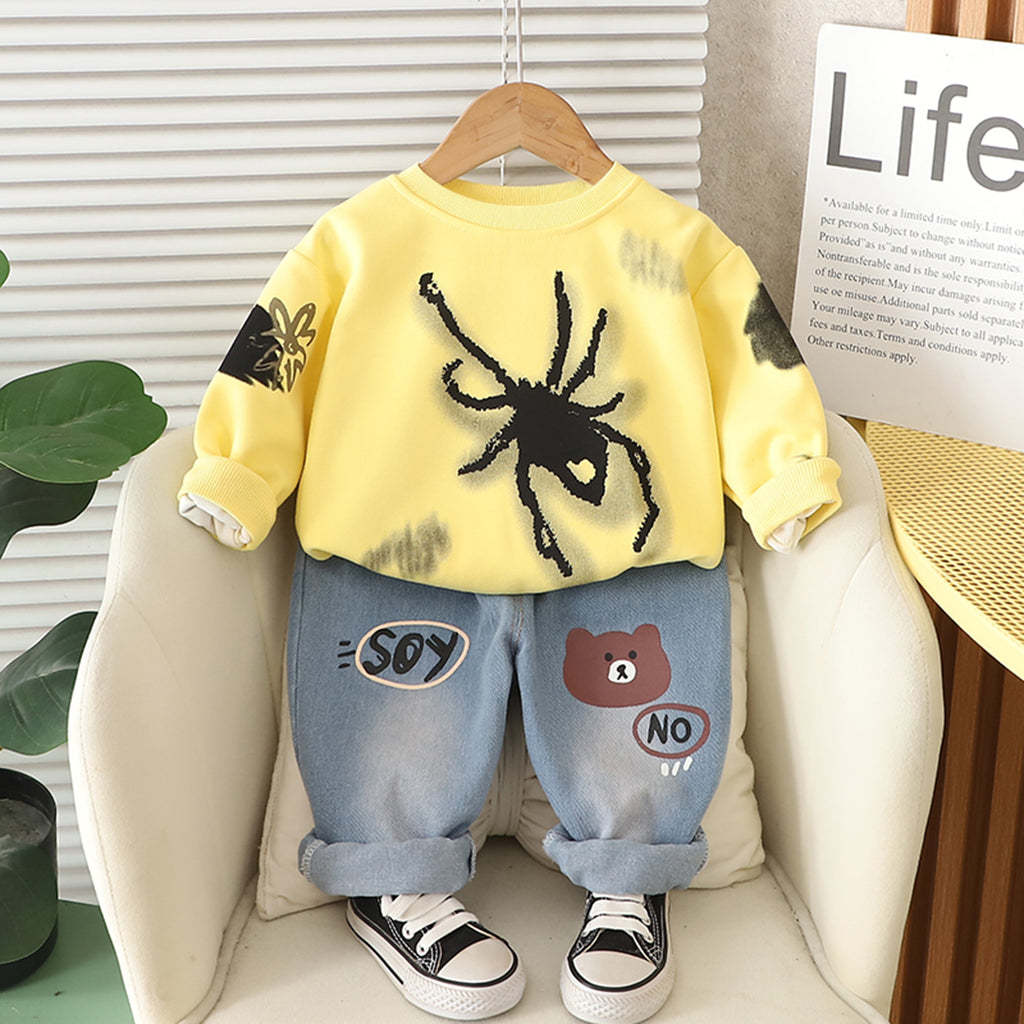 Boys Yellow Spider Printed Winter Sweatshirt With Denim Pants Set 2 pc. Sets Yellow 1-2 Y