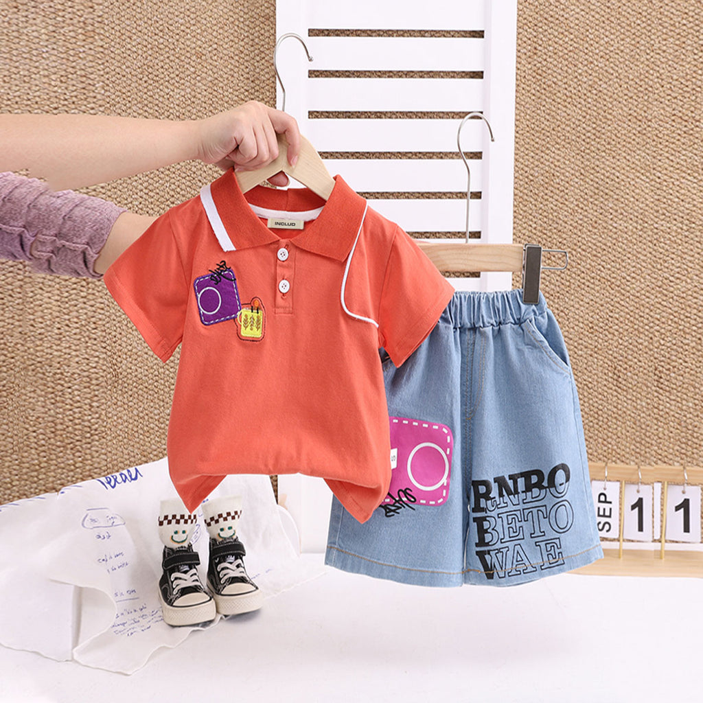 Boys Orange Applique Polo T-Shirt With Denim Shorts Set 2 pc. Sets Orange 1-2 Y