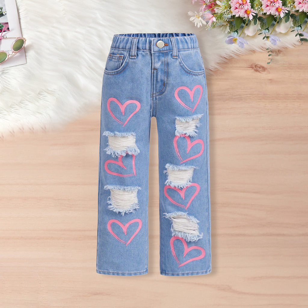 Girls Blue Heart Print Distress Denim Trousers Pants Blue 3-4 Y