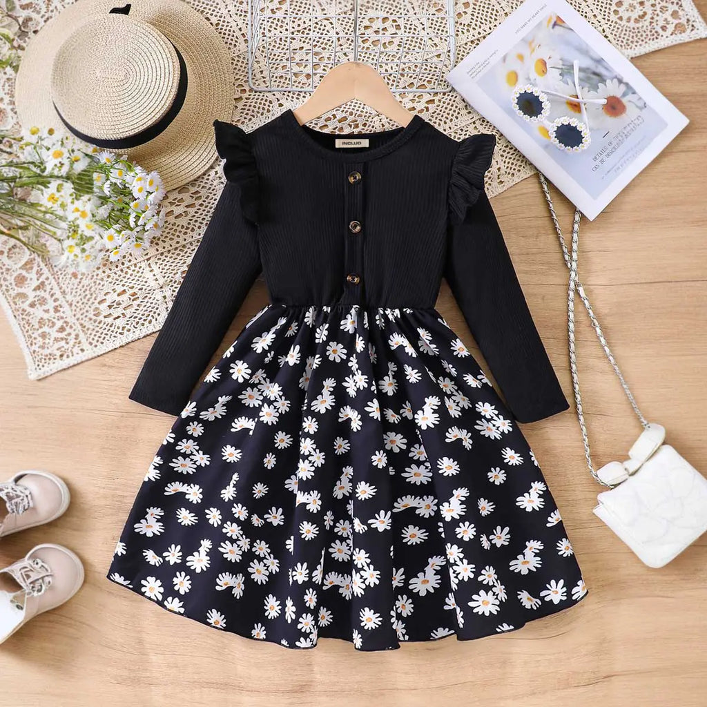 Girls Black Floral Printed Fit & Flare Dress Casual Dresses Black 3-4 Y