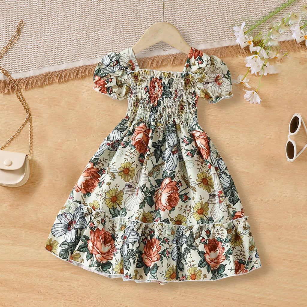 Girls Off-White Floral Print Smocked Casual Dress Casual Dresses