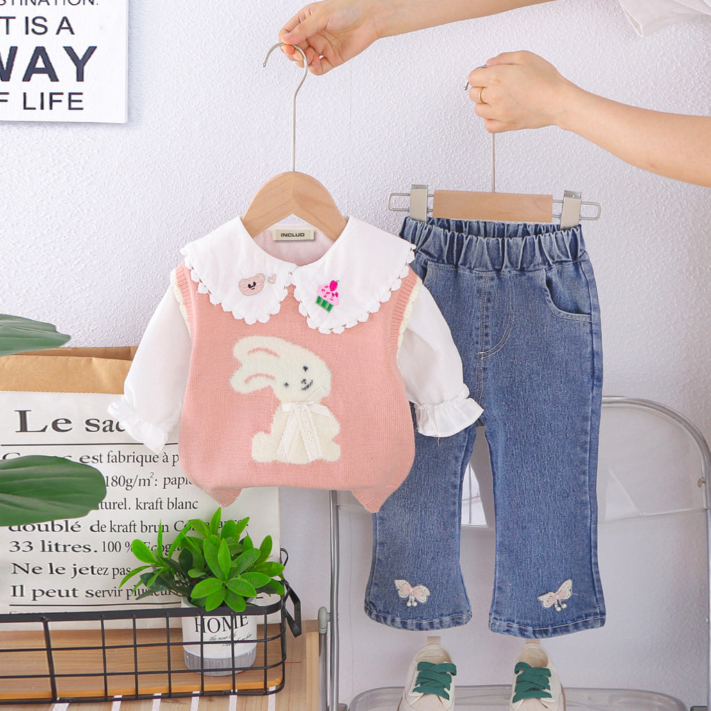Girls Embroidered Top With Pink Sleeveless Pullover & Denim Pants Set Sets Pink 1-2 Y