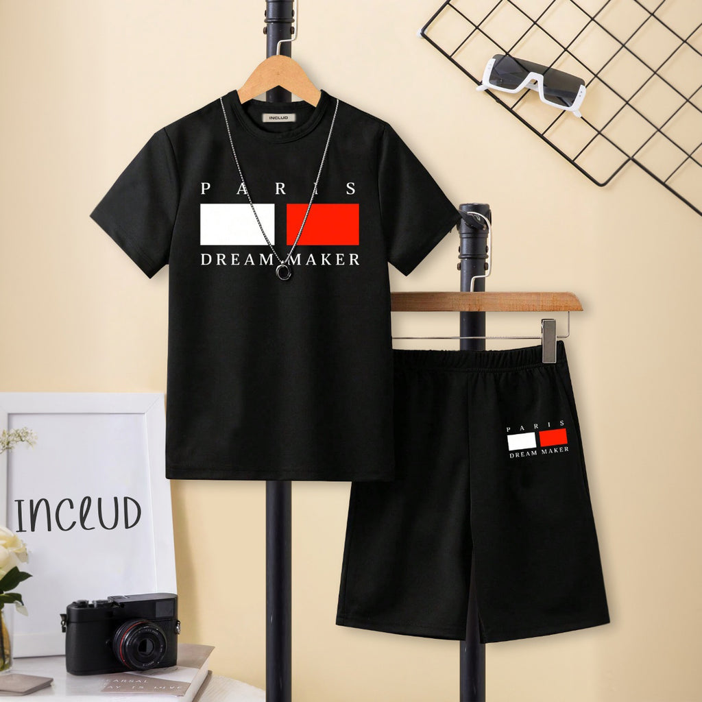 Boys Black Typographic Printed Short Sleeve T-Shirt With Elasticated Shorts Set 2 pc. Sets Black 7-8 Y