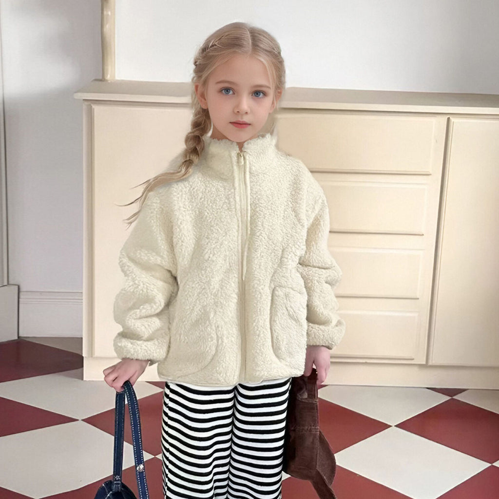 Girls Cream Solid Polar Fleece Zip Up Winter Jacket Coats & Jackets Cream 2-3 Y