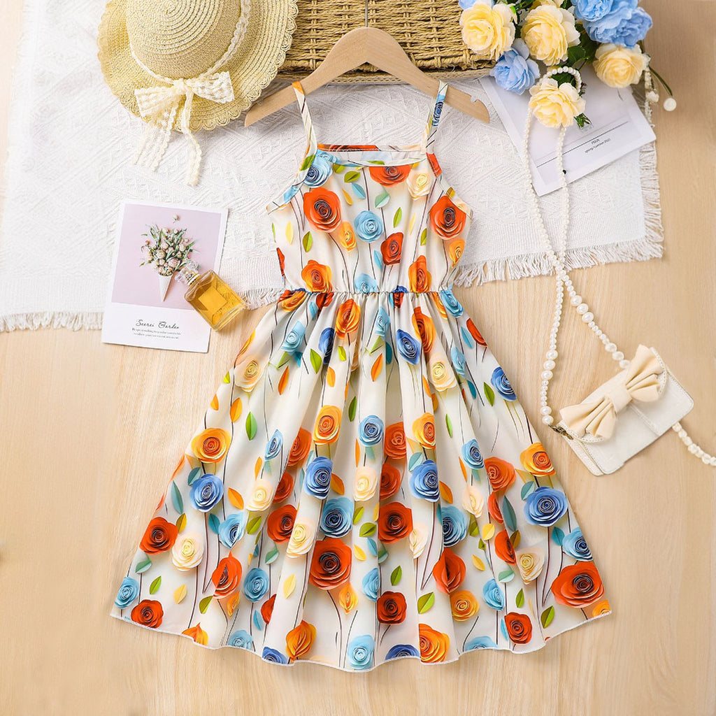Girls Apricot Rose Printed Midi Sundress Casual Dresses