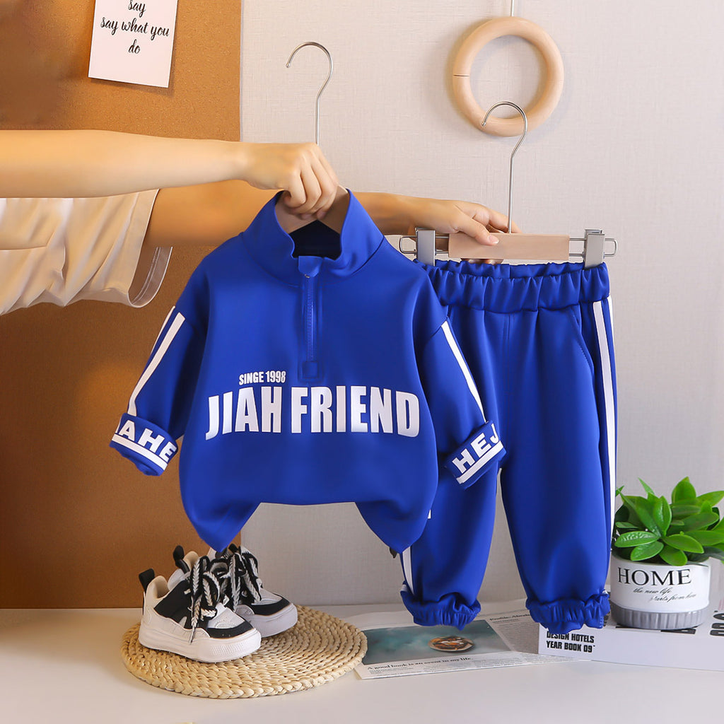 Boys Blue Typographic Printed Sweat Shirt With Joggers Set 2 pc. Sets Blue 1-2 Y