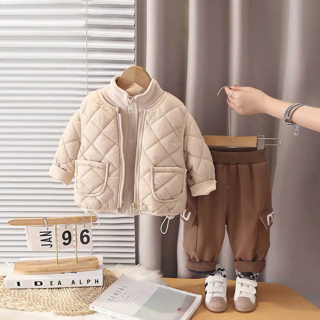 Boys Beige Hooded Zipper Jacket With Quilted Vest & Jogger Sets Sets Beige 1-2 Y