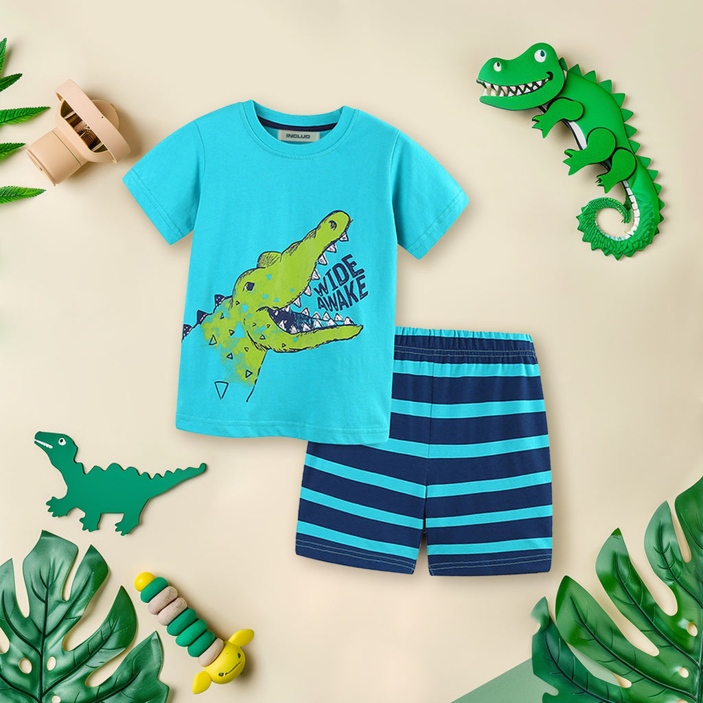 Boys Crocodile Print T-Shirt With Shorts Set Sets Blue 1-2 Y 