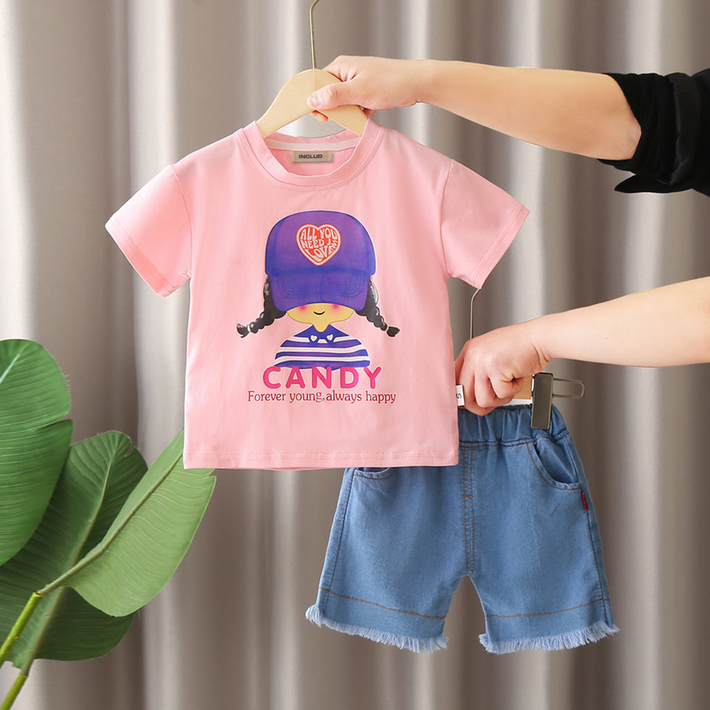 Girls Light Pink Graphic Short Sleeves T-Shirt With Denim Shorts 2 pc. Sets Light Pink 1-2 Y