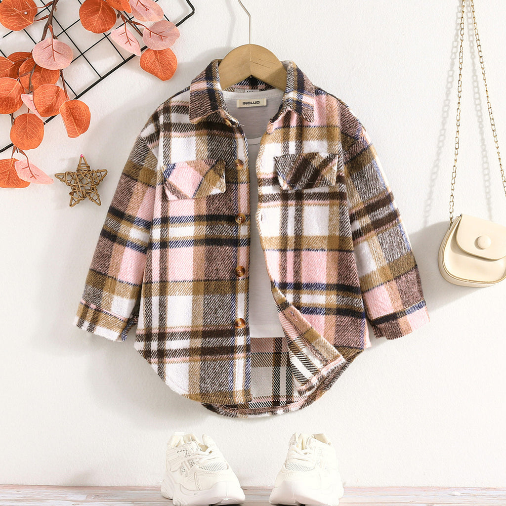 Girls Brown Flannel Checkered Full Sleeves Shacket Coats & Jackets Brown 3-4 Y