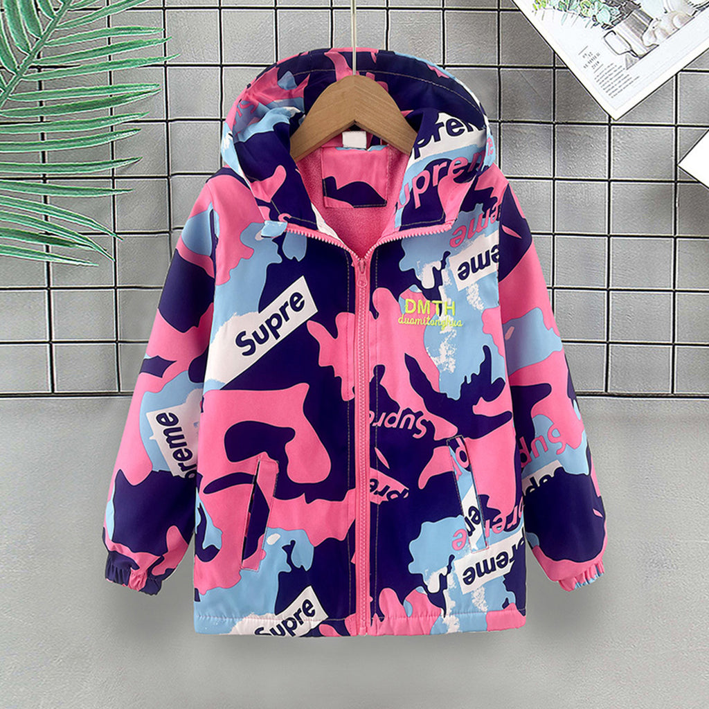 Girls Pink Abstract Printed Hooded Zipper Jacket Coats & Jackets Pink 3-4 Y