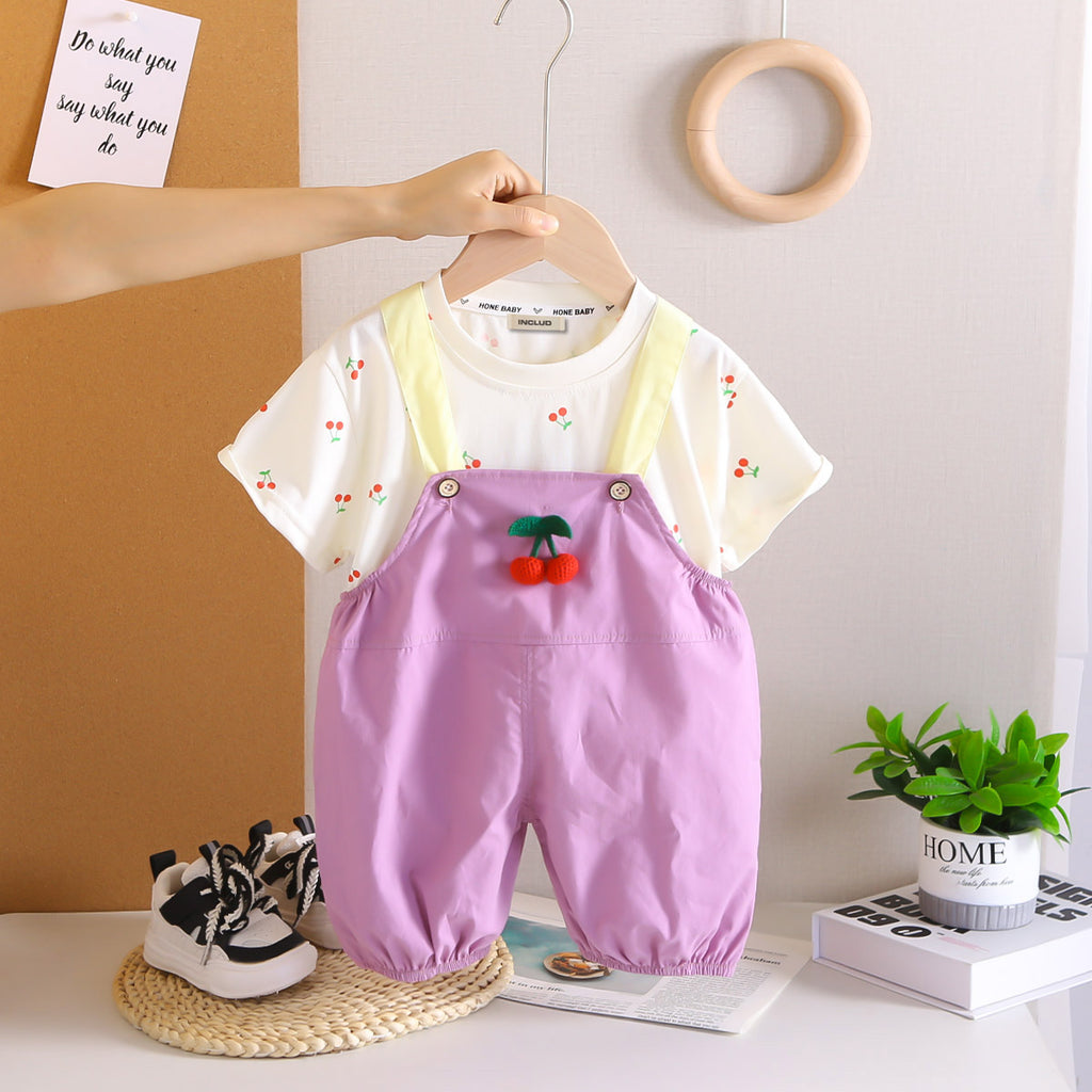 Girls Cherry Printed T-Shirt With Purple Cherry 3D Appliqued Dungaree Set 2 pc. Sets Purple 1-2 Y