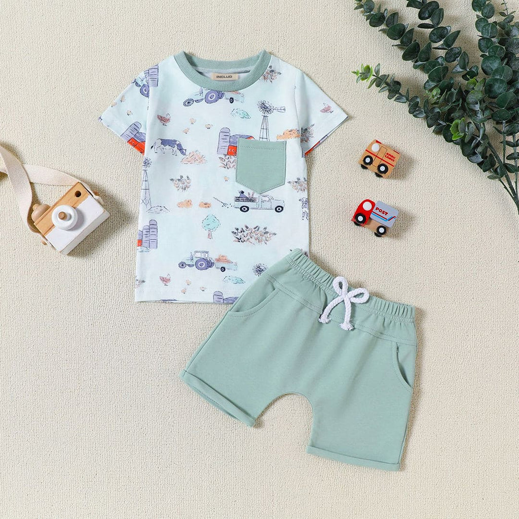 Boys Dinosaur Print Short Sleeves T-shirt With Shorts Set Sets Green 1-2 Y 