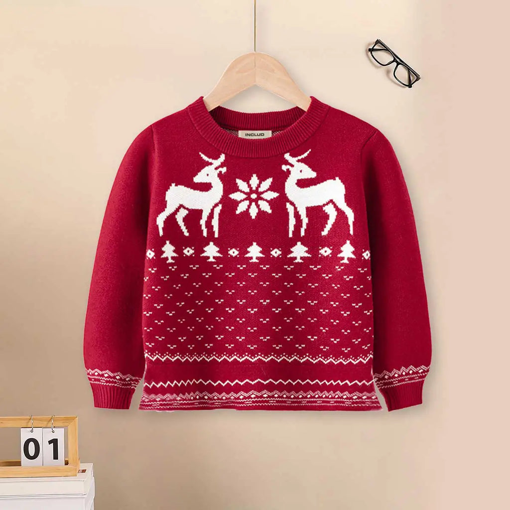 Girls Cute Christmas Reindeer Jacquard knit Sweater Sweaters & Cardigans Maroon 2-3 Y