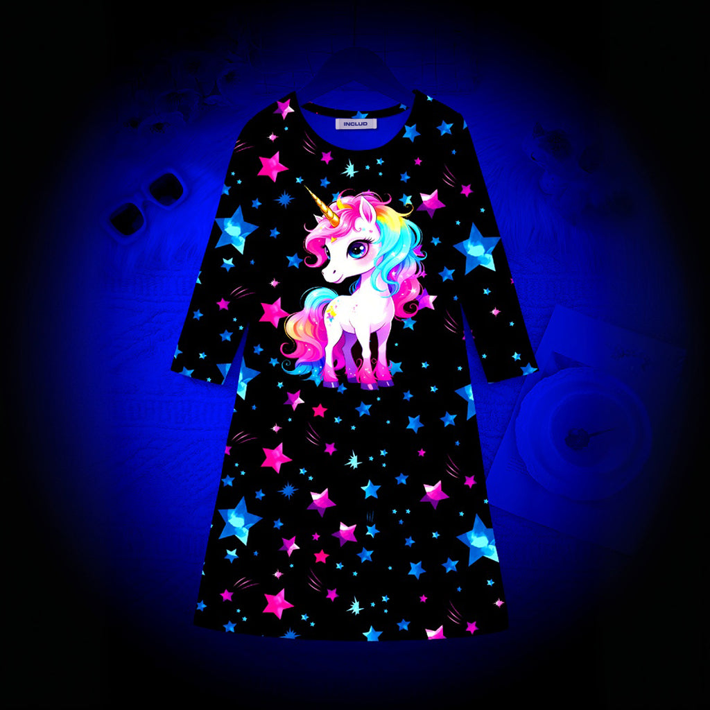 Girls Black Unicorn Printed Glow in the Dark A-line Dress Casual Dresses Black 3-4 Y