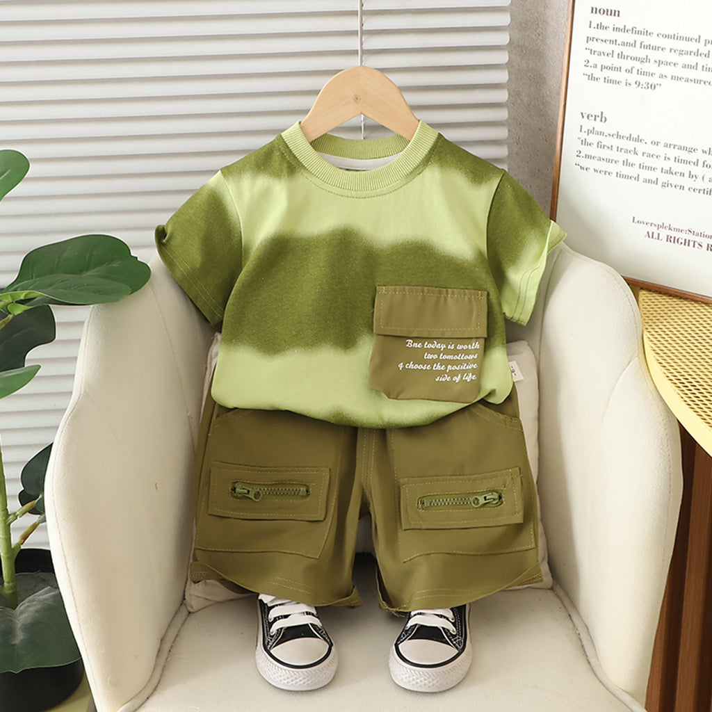 Boys Green Front Pocket Printed T-Shirt With Shorts Set 2 pc. Sets