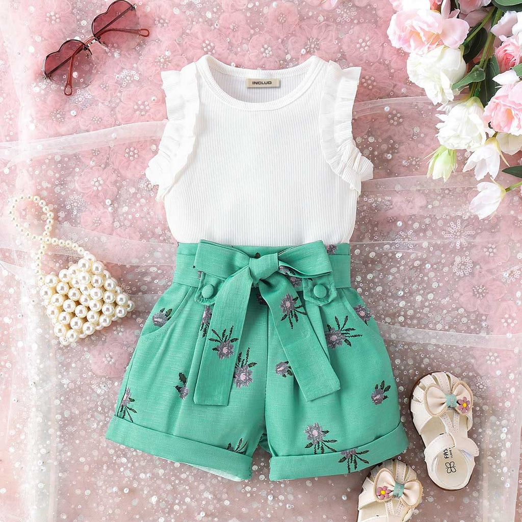 Girls Sleeveless Top With Floral Printed Shorts & Belt 3 pc. Sets Green 1-2 Y 