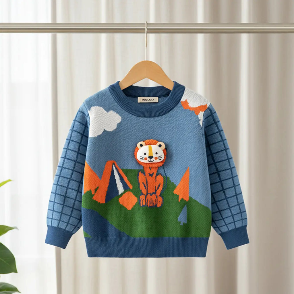 Boys Blue Knitted Sweater With Lion Face Applique Sweaters & Cardigans Blue 1-2 Y