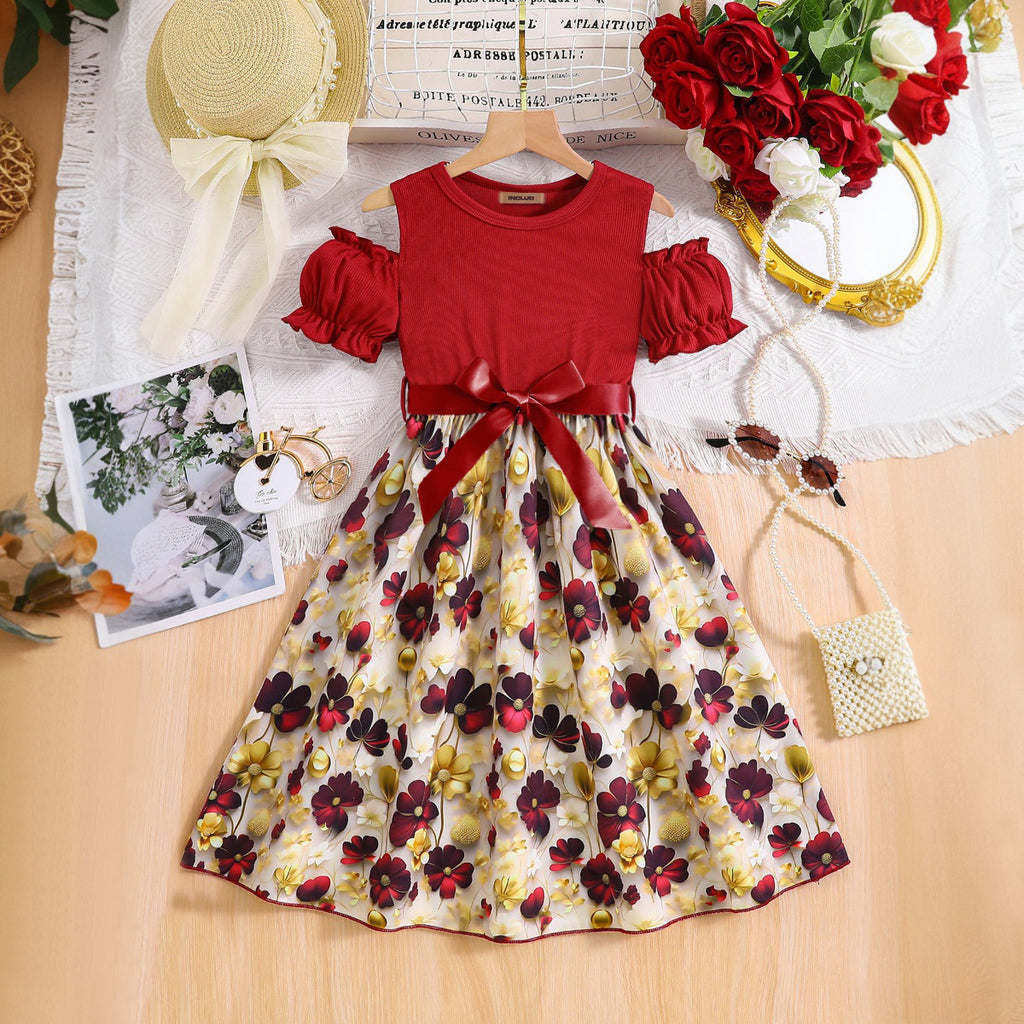 Girls Maroon Floral Printed Cold Shoulder Fit And Flared Dress Casual Dresses Maroon 3-4 Y