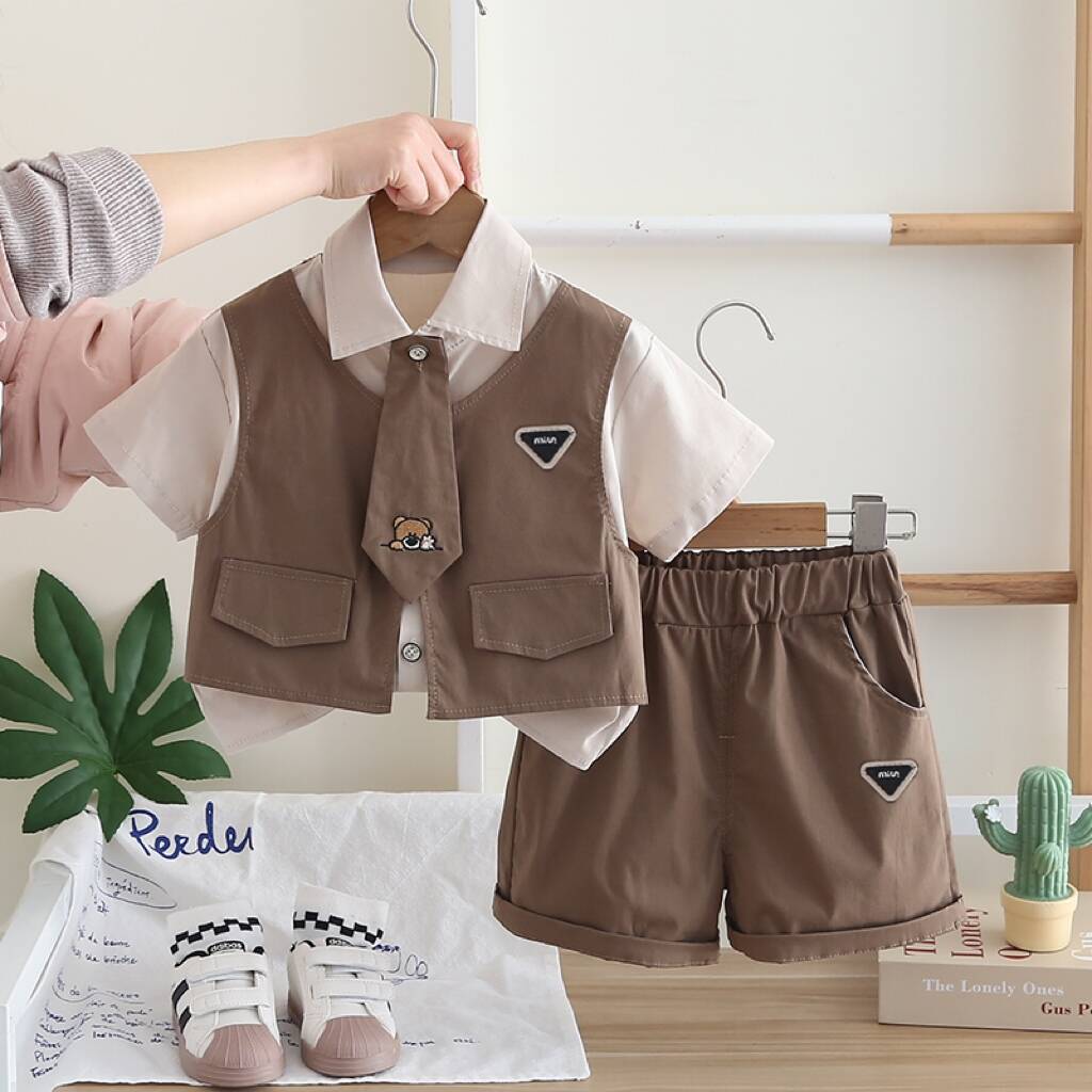 Boys Khaki Front Waistcoat Attached Shirt With Neck Tie And Shorts Set Sets Khaki 1-2 Y