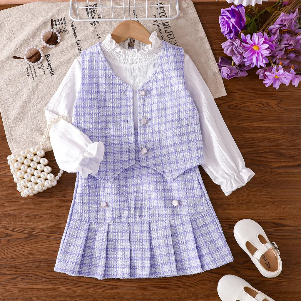 Girls Purple Checked Vest With Long Sleeves Top & Skirt Sets Sets Purple 2-3 Y