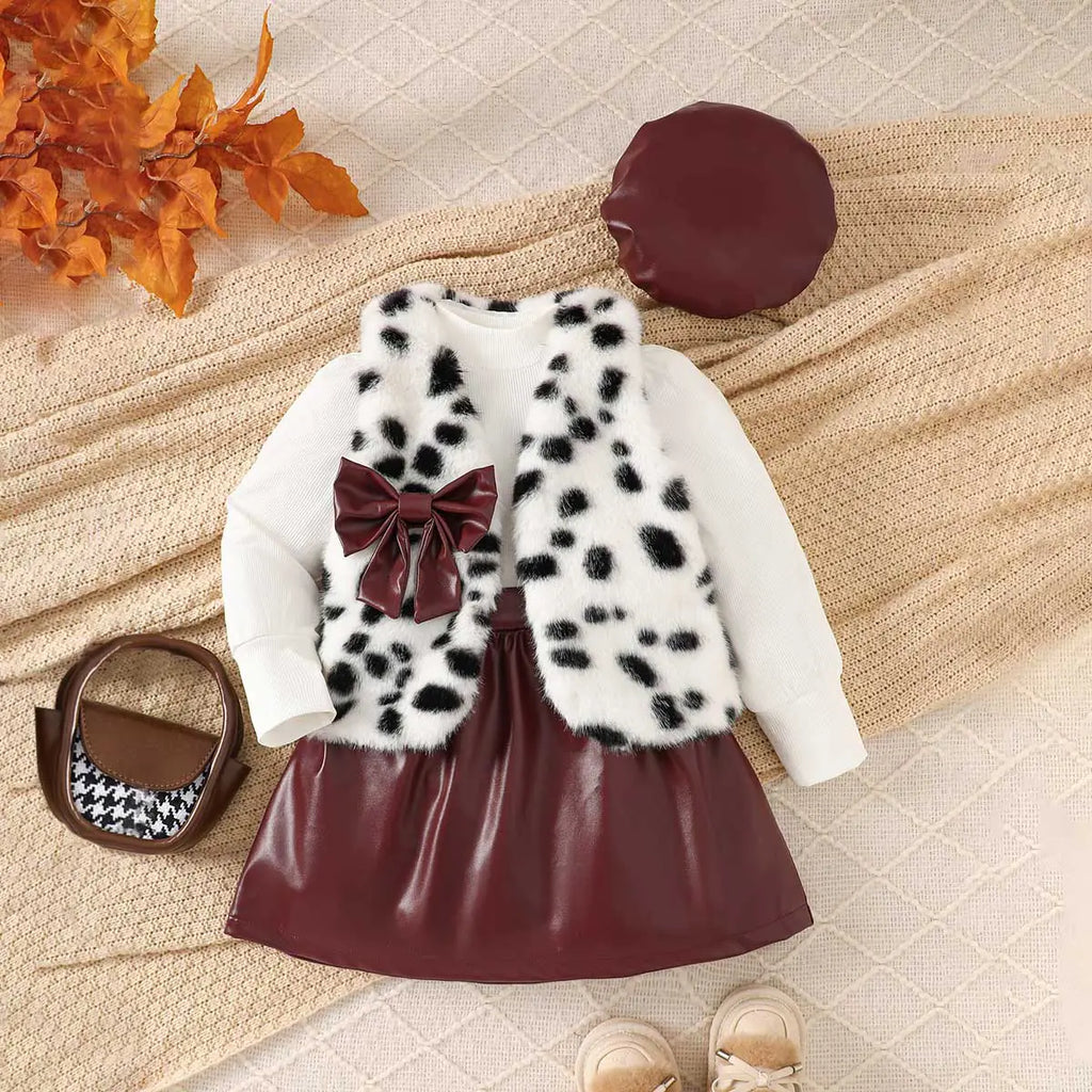 Girls Long Sleeve T-Shirt With Faux Fur Vest & Brown Faux Leather Skirt & Hat Sets Sets
