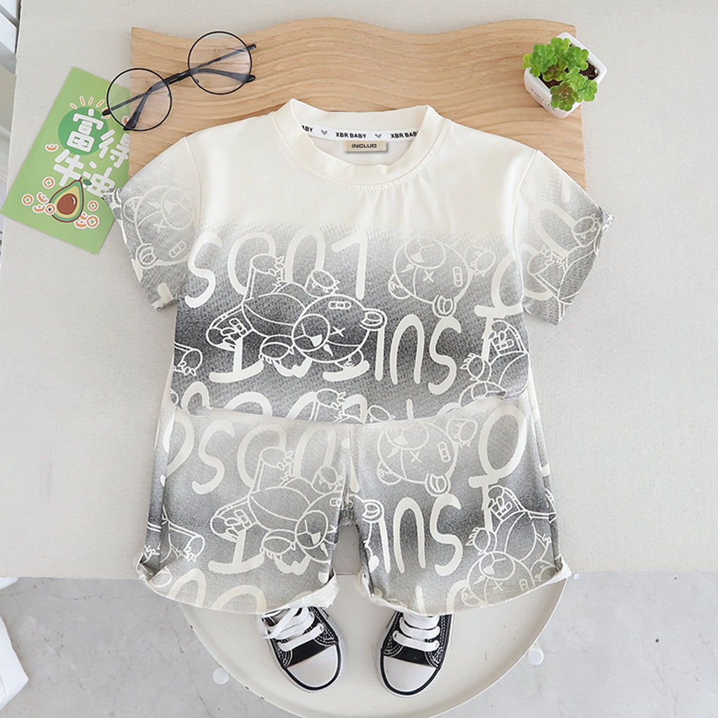 Boys White Printed Ombre T-shirt with Shorts Set Sets White 1-2 Y