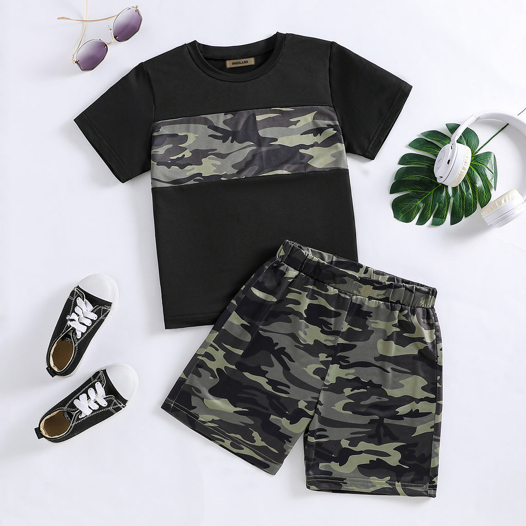 Boys Black Short Sleeve Camouflage Printed T-Shirt With Shorts Set 2 pc. Sets Black 3-4 Y