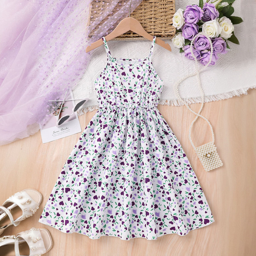 Girls White Heart Printed Midi Sundress Casual Dresses