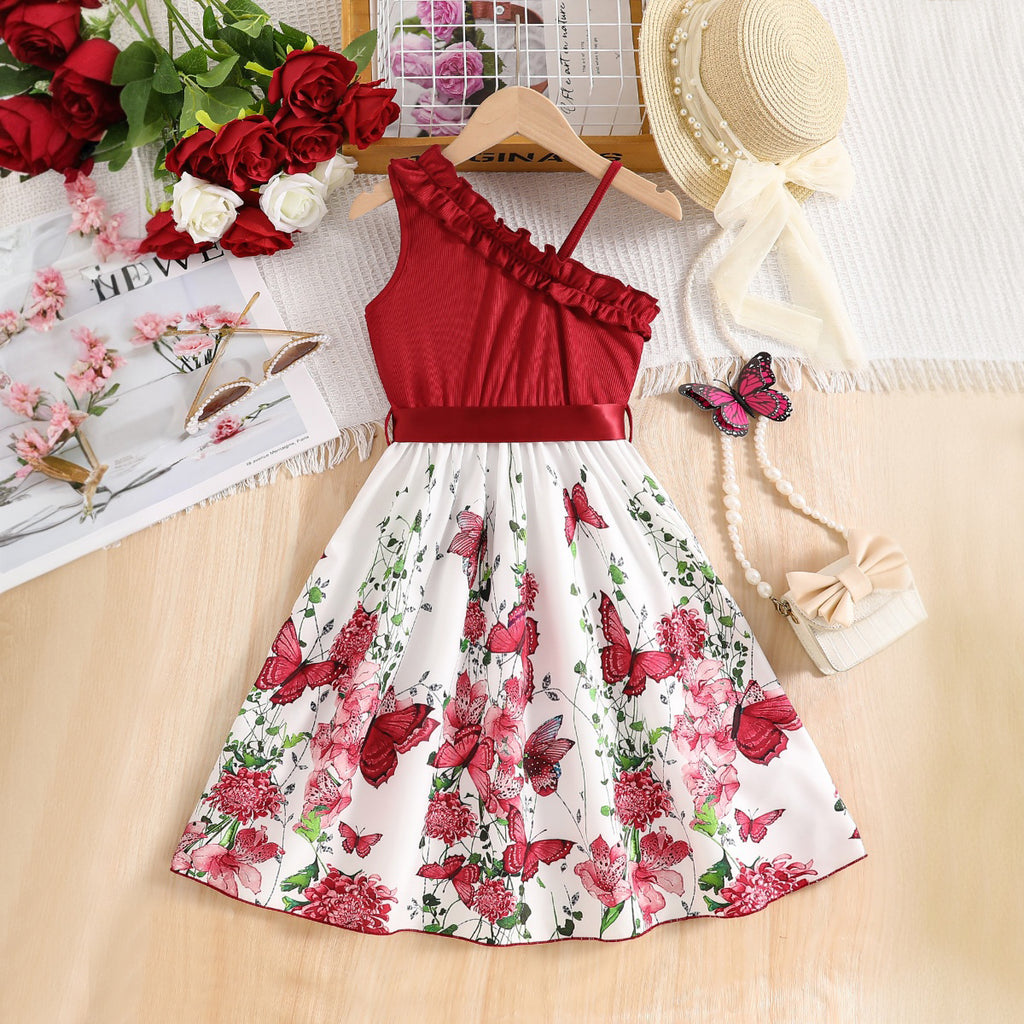 Girls Maroon Butterfly Printed One Shoulder Fit And Flared Midi Dress Casual Dresses Maroon 3-4 Y