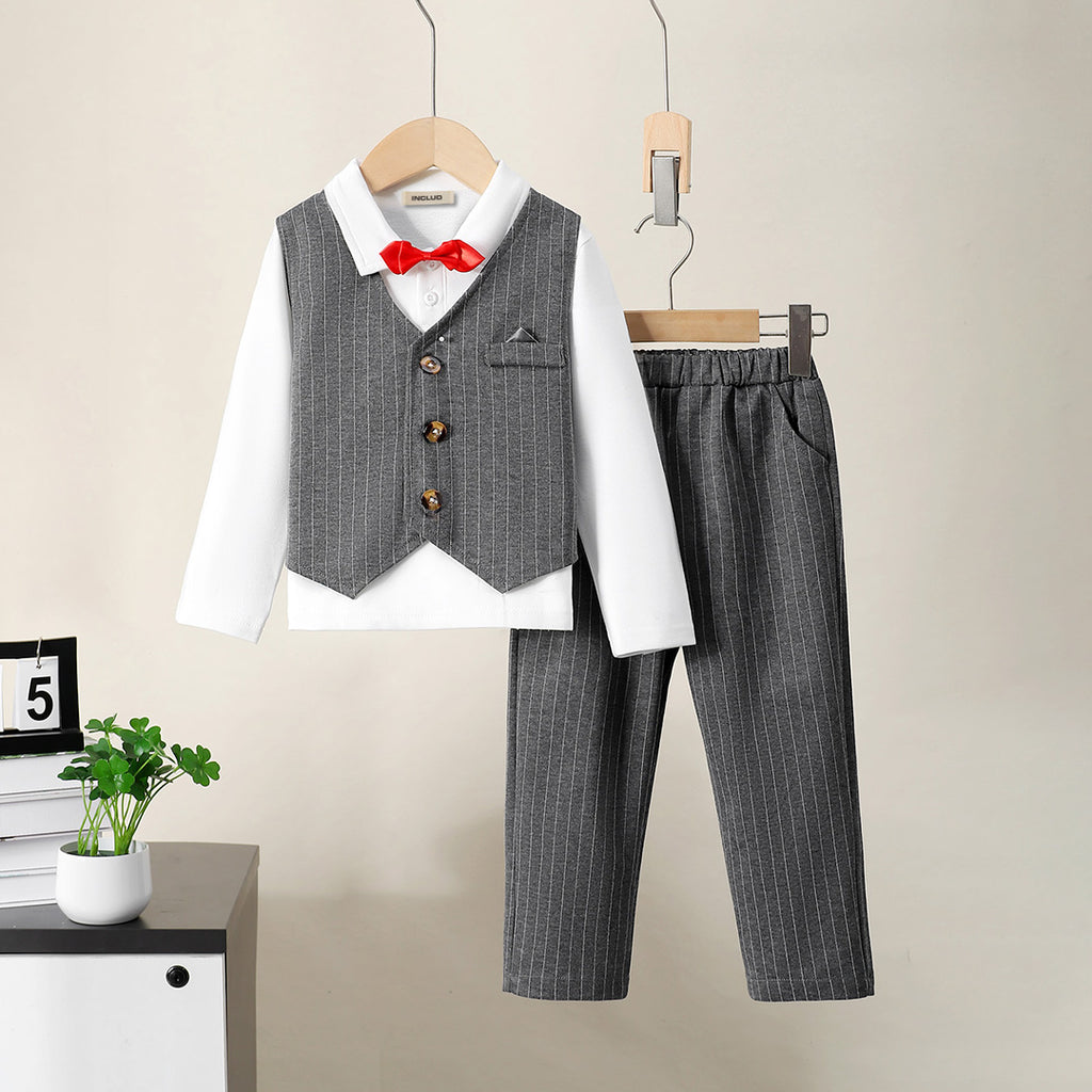 Boys Grey Sleeveless Jacket With Long Sleeve Polo T-Shirt And Pants Set 3 pc. Sets Grey 3-4 Y