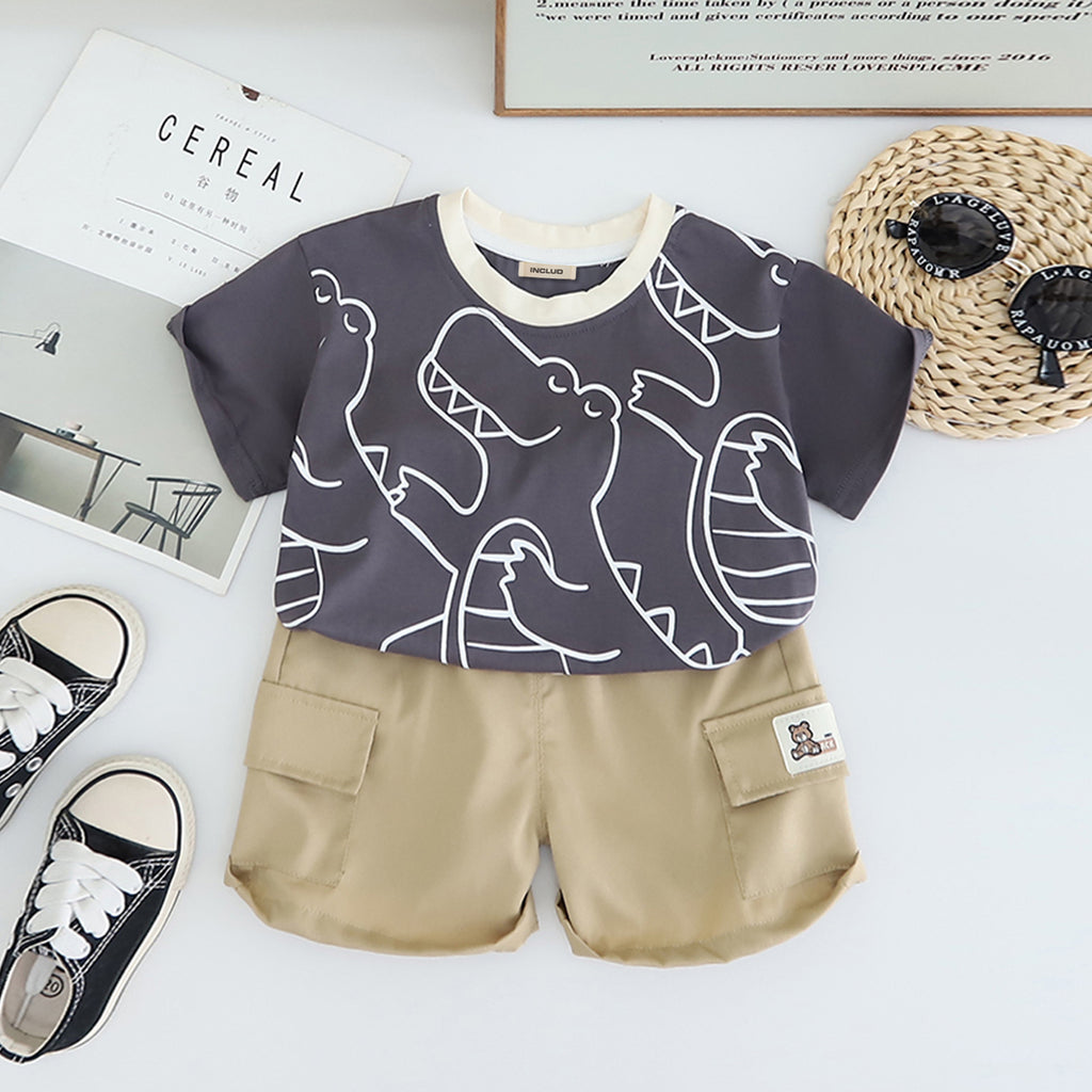 Boys Dark Grey Crocodile Printed T-Shirt With Shorts Set 2 pc. Sets Dark Grey 1-2 Y
