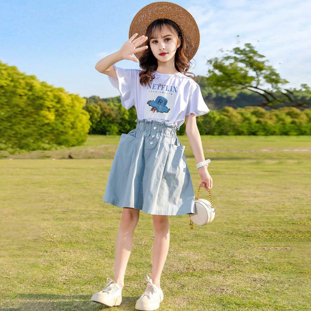 Girls Netflix Print T-Shirt With Denim Skirt Set 2 pc. Sets Light Blue 5-6 Y 