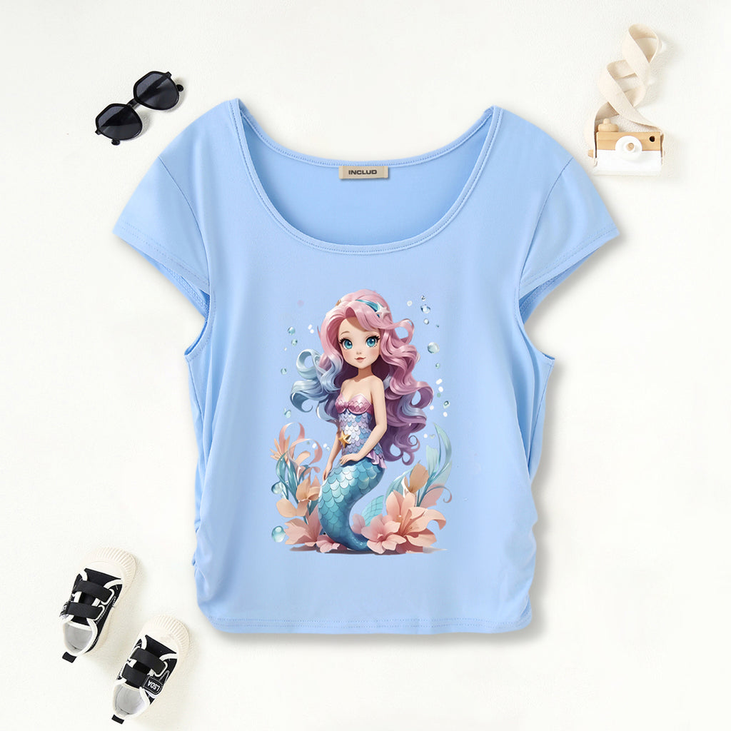 Girls Light Blue Mermaid Print Short Sleeves Scoop Neck T-Shirt Tshirts Light Blue 7-8 Y