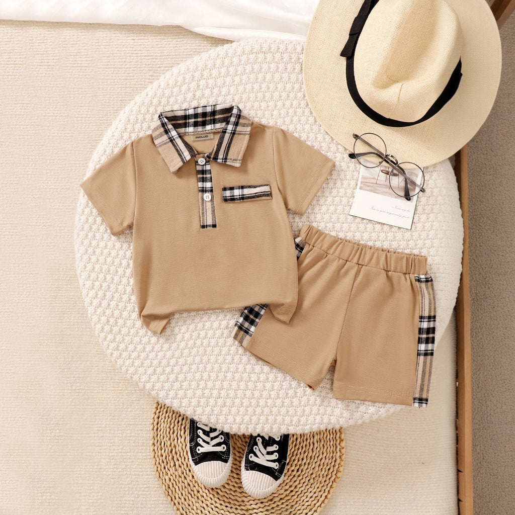 Boys Light Brown Checked Collar Polo T-Shirt With Shorts Set 2 pc. Sets Light Brown 3-4 Y