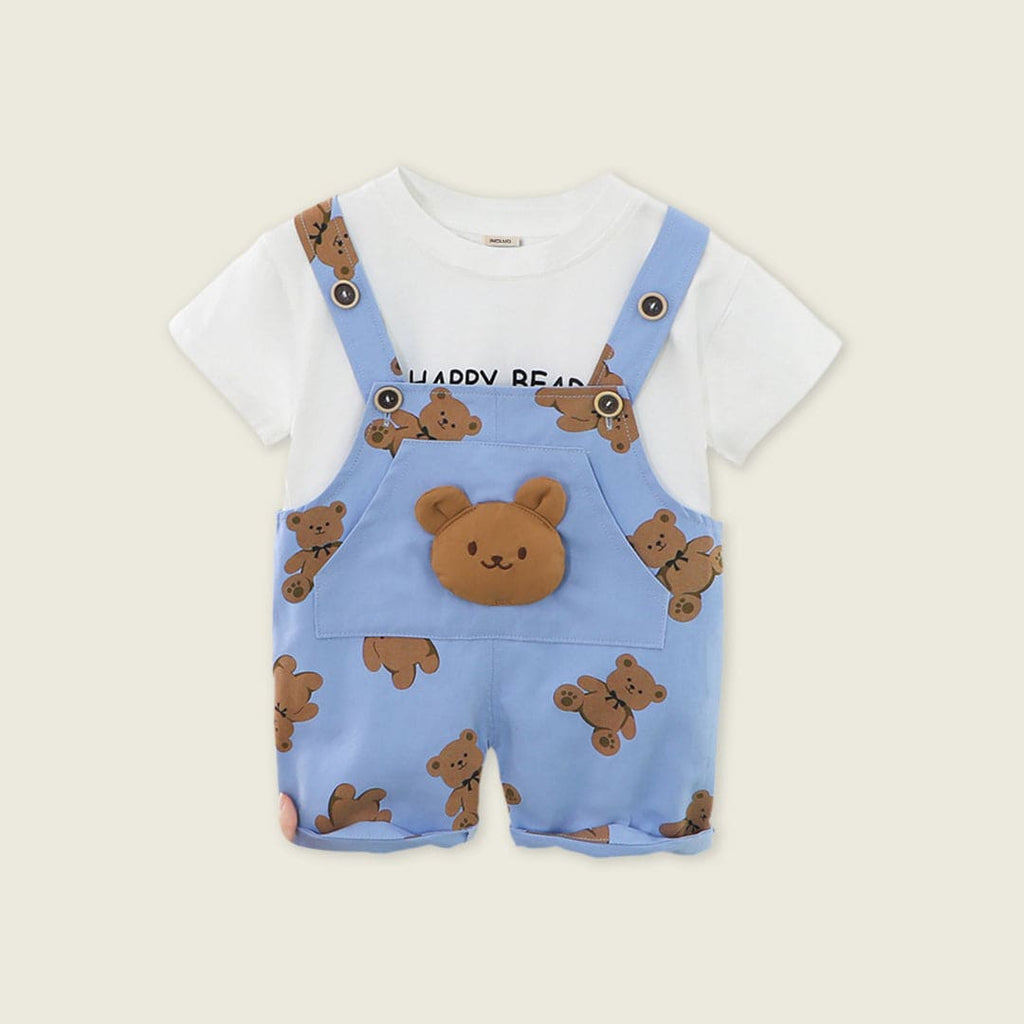 Boys Blue Teddy Print T-shirt with Dungaree Set Sets Blue 1-2 Y 