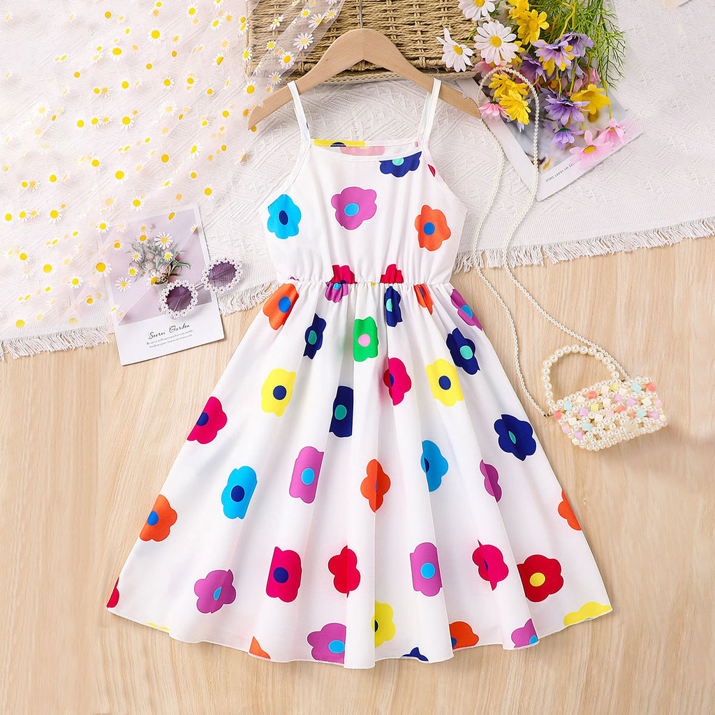 Girls White Floral Printed Midi Sundress Casual Dresses