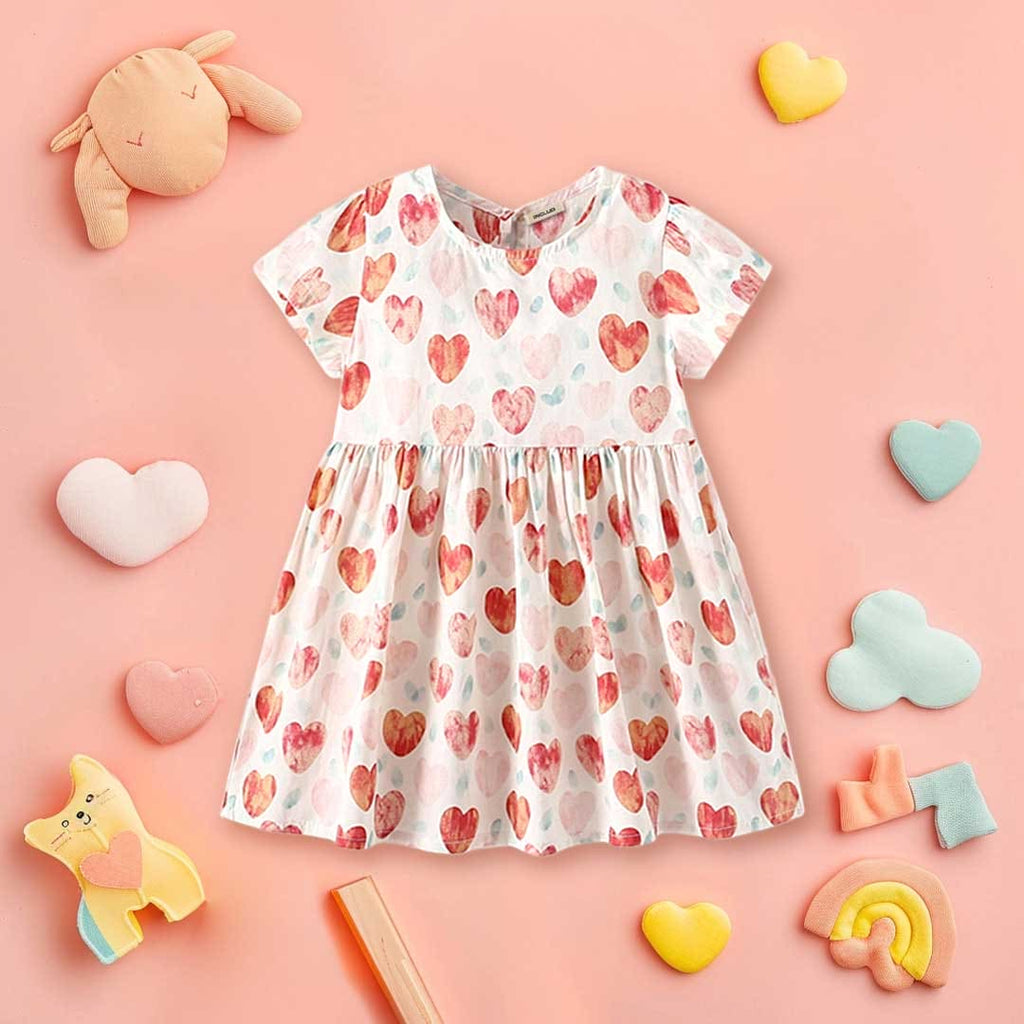 Girls Heart Print Short Sleeves Dress Casual Dresses White 1-2 Y 
